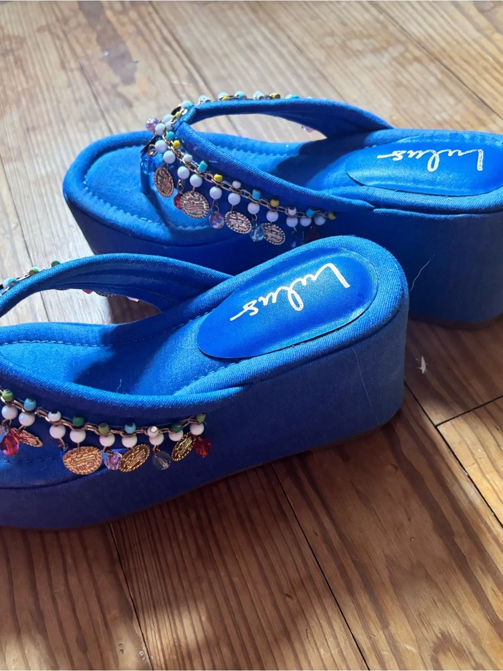 Lulu's Blue Beaded Coin Platform Thong Sandals